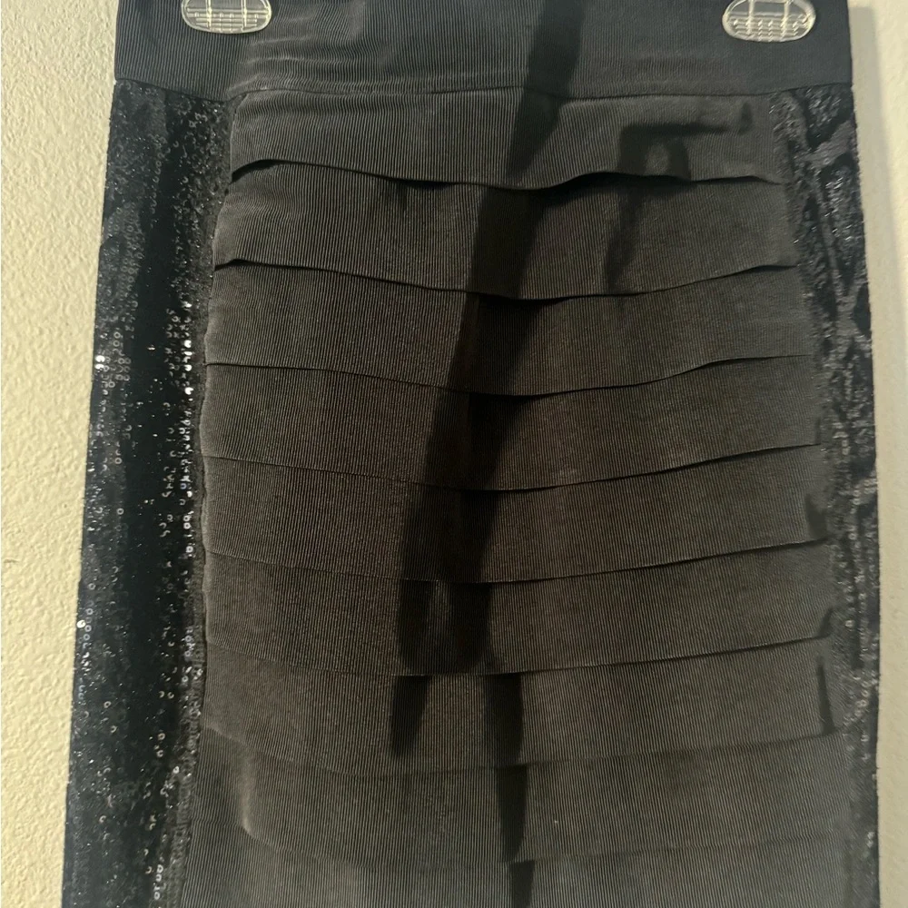 Tory Burch Black Tiered Pencil Skirt with Sequin Side Panels